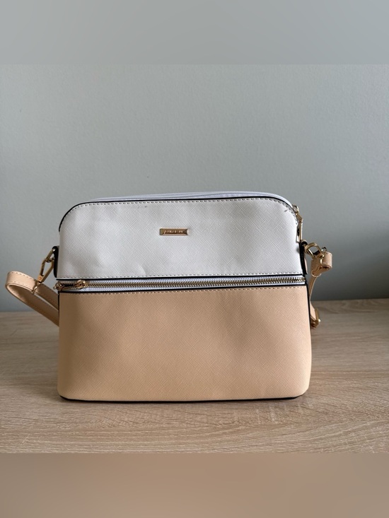 Handbags - Two-Tone White and Beige Crossbody Bag with Gold Accent